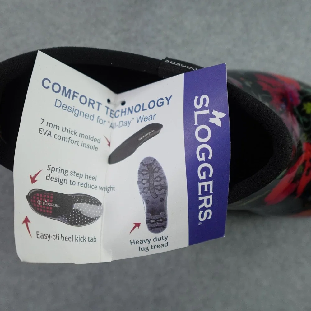 Sloggers Shoes Womens 10 Black Floral Poppy Garden Waterproof Rain Slip On